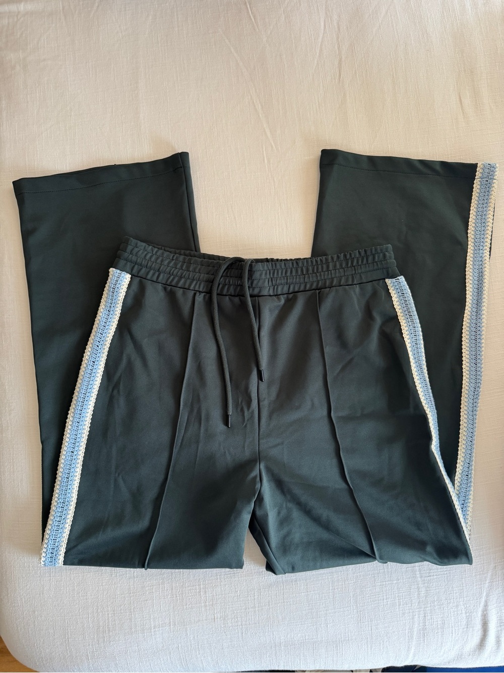 Women’s Dark Green Track Pants with Light Blue Side Stripe